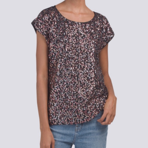 Vince Camuto Rose Gold Sequin Short Sleeve Top NWT - Picture 1 of 6
